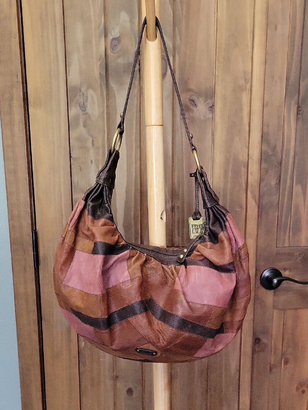 Frye Patchwork Leather Shoulder Hobo in Brown and Rose